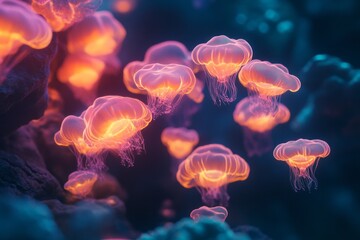 Naklejka premium Glowing Jellyfish Swim in Dark Ocean Depths