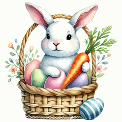 Happy Easter! Watercolor hand drawn painting of a Easter bunny holds a carrot in hands sits in a basket with spring flowers and colors eggs. Vector illustration isolated on white background. 