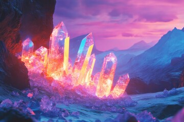 Luminous Crystals Glow in a Mystical Mountain Cave