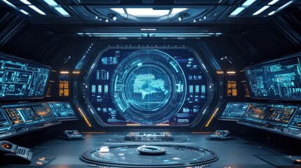 Futuristic spaceship bridge interior with holographic display showing Earth.