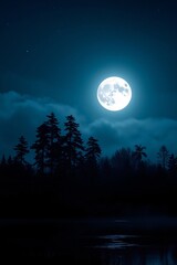 Fototapeta premium Serene moonlit night, with a reflection of the full moon and misty clouds creating a tranquil and ethereal atmosphere.