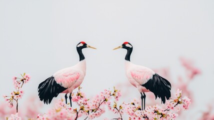 Fototapeta premium Two elegant cranes stand among pink blossoms, exuding grace and beauty in a serene setting.