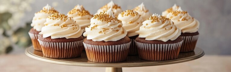 Cupcakes with soft, creamy frosting and golden sprinkles are elegantly arranged on a decorative cake stand. Their rich colors and textures create an inviting dessert display perfect for celebrations