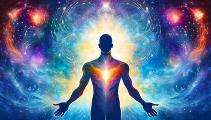 Naklejka premium human and love spirit powerful energy connect to the universe power abstract art watercolor painting illustration design hand drawn