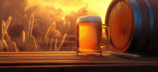 beer keg with a barrel on the background of a field