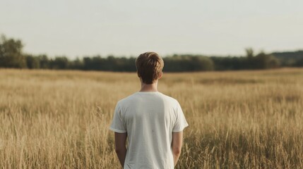 Man standing in a golden wheat field, looking at the horizon on a sunny day.