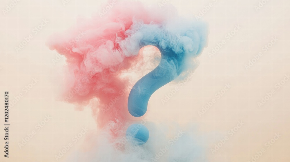 Leinwandbilder clouds of pink and blue smoke creating a question mark shape in the clear sky at dusk. generative ai
