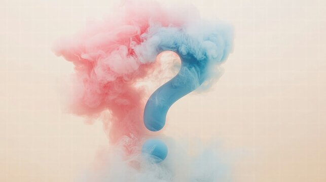 Clouds of pink and blue smoke creating a question mark shape in the clear sky at dusk. Generative AI