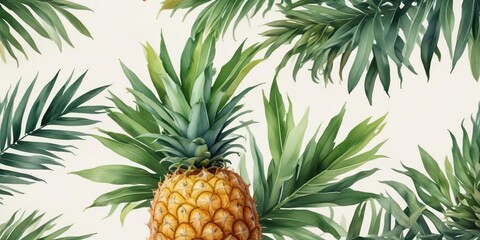 Obraz premium Hand-painted watercolor illustration of a ripe pineapple with green leaves, fresh and juicy, botanical watercolor, vibrant colors