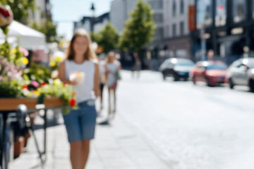Fototapeta premium Defocused European old town street background. Abstract blurred city street in summer day