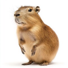 Fototapeta premium Capybara stands proudly against a clean white background, showcasing its unique features and friendly demeanor, emphasizing the animals gentle nature and charm