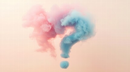 Clouds of pink and blue smoke swirling into a whimsical question mark shape during a twilight setting. Generative AI