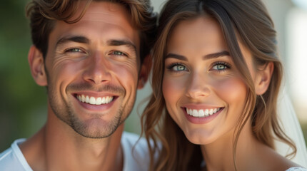 Fototapeta premium Happy couple in love, bride and groom, selective focus