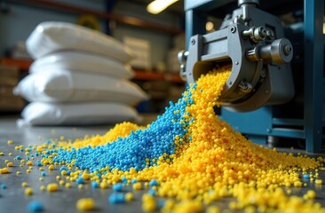 Dosing system of yellow and blue plastic pellets on the background of a warehouse