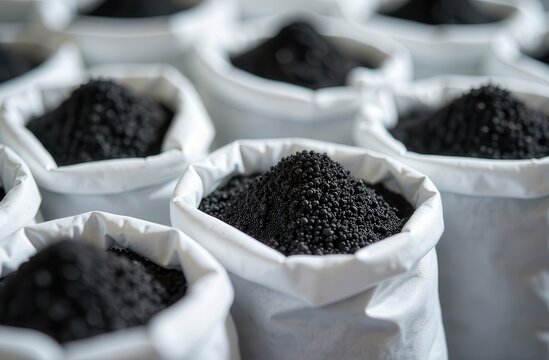 Black plastic pellets in a white bags on the background of a warehouse