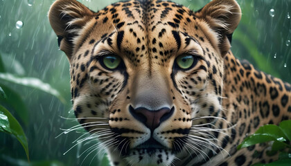 Obraz premium A close-up of a male leopard's face, with its fur glistening with dew droplets, showcasing its vivid spots, set against a backdrop of dark swirling clouds and vibrant green jungle