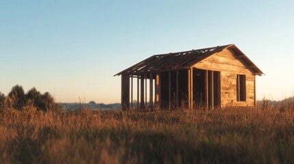 Obraz premium Rustic unfinished wooden house in a field at sunset.