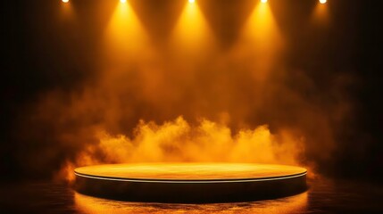 Free stage with lights and smoke, Empty stage with gold yellow spotlights, conser, show, party, Presentation concept.. orange spotlight strike on black background.banner design.empty gold podium stage