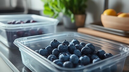 Fresh blueberries in a clear plastic container, perfect for healthy snacking or baking
