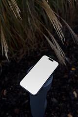 Smartphone mockup in a warm nature inspired atmosphere with a background of plants