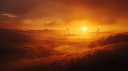 Obraz premium Golden sunrise over misty field with wind turbines.