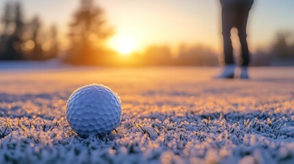Close-up of a golf ball on a frosty winter golf course at sunrise, with a golfer in the background.