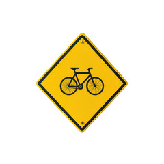 A yellow diamond-shaped sign featuring a bicycle symbol, indicating a designated area for cyclists, Transparent Background.