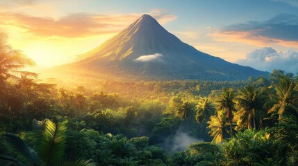 Fototapeta premium Sunrise Volcano Jungle Tropical Paradise