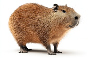 Capybara standing on a plain white background showcasing its natural features and unique fur texture