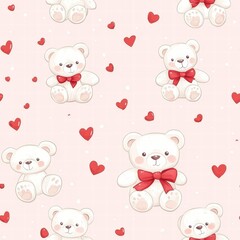 Fototapeta premium Cute teddy bears with red bows and hearts on a pink background for festive decor ideas. Generative AI