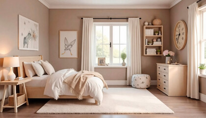 Children bedroom with beige wall in Mocha Mousse colors. Room has cozy and inviting atmosphere