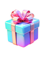 blue purple pink gift box  with ribbon iridescent 3d cut out isolated on transparent png