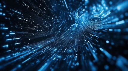 Fototapeta premium Abstract blue light streaks forming a tunnel-like structure in a dark background.