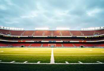 The football field is empty, featuring well-maintained grass and white lines, surrounded by unoccupied seating in gray stands.