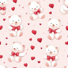 Cute teddy bear pattern with hearts on a soft pink background creating a cozy atmosphere for a childs room or nursery. Generative AI
