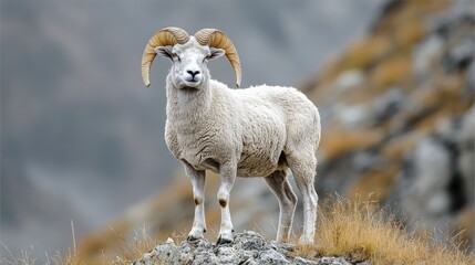 Majestic bighorn sheep standing mountain peak, autumnal backdrop, wildlife conservation