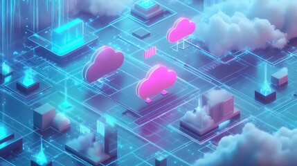 Futuristic green digital city with glowing lines and abstract architecture. This artwork features a high-tech cityscape with a network of interconnected structures and pathways.