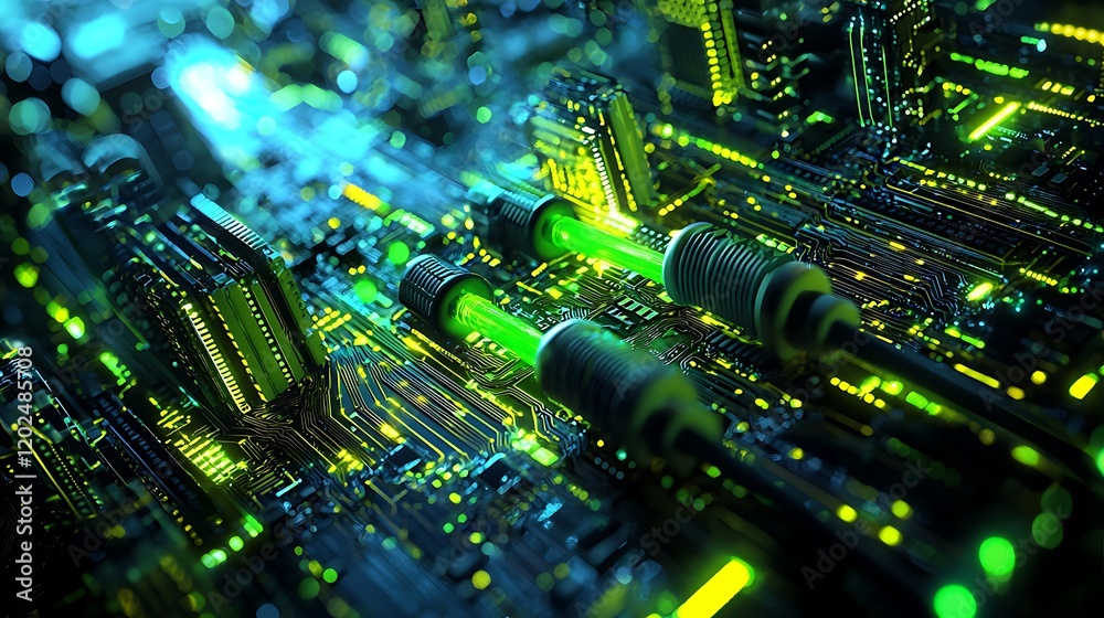 Poster futuristic circuit board with glowing green components