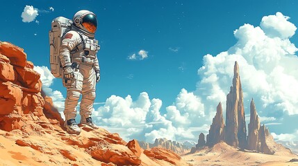 Astronaut standing on a red planet amidst rocky formations