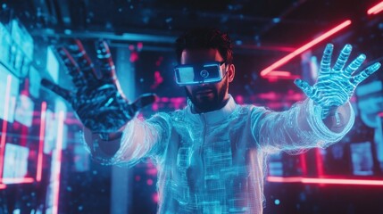 Man in VR headset interacts with digital interface.
