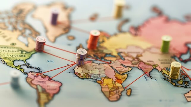 Global trade network visualized on a world map with colored barrels marking key locations and red lines representing trade routes.