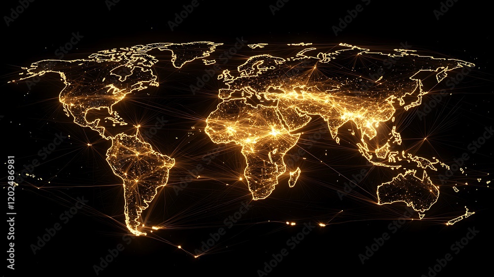 Poster Global Network Illuminated World Map Showing Connections