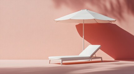 Fototapeta premium Minimalist beach scene with a white chaise lounge and umbrella on a pink background.