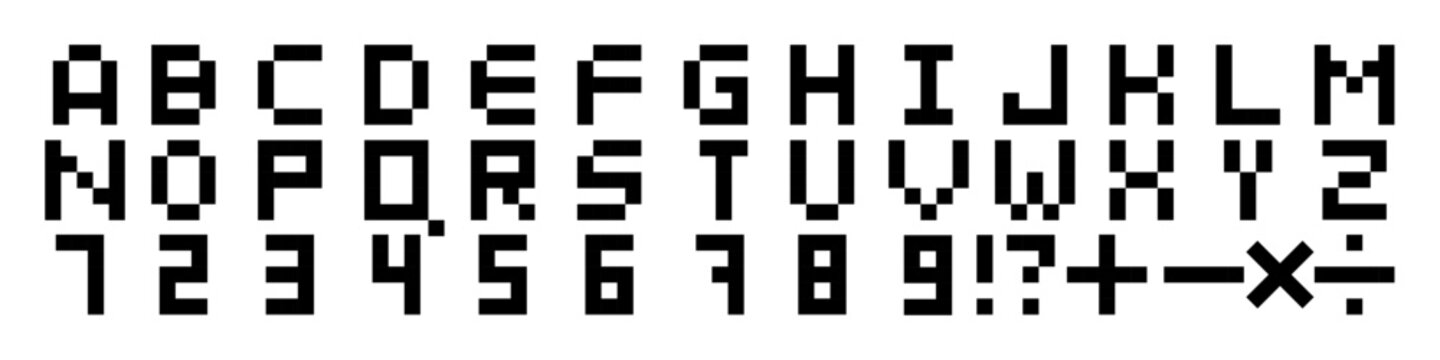 Pixel font for a video game.  Game font, letters of the alphabet, numbers. Old retro game, 8 bit.
Vector.