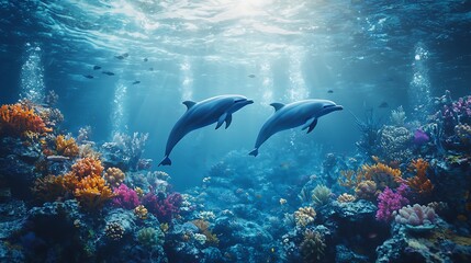 Fototapeta premium Dolphins Swimming Through Vibrant Coral Reef