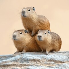 Fototapeta premium Capybaras stacked playfully on a rock exhibit in a wildlife sanctuary during a sunny afternoon. Three cute capybaras in pyramid