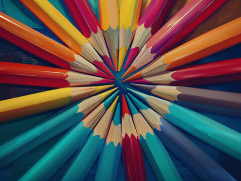 A flat lay of multicolored pencils arranged in a circular pattern, creating a bright and playful composition. - Powered by Adobe