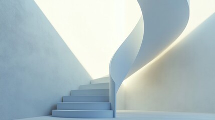 Obraz premium Modern minimalist white spiral staircase with soft lighting.