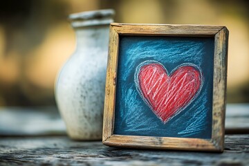 A minimalist wooden frame with a hand-drawn red heart on a chalkboard-style background next to a rustic ceramic vase