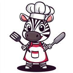 Cartoon zebra chef holds spatula and knife on white, for kids recipes, culinary art